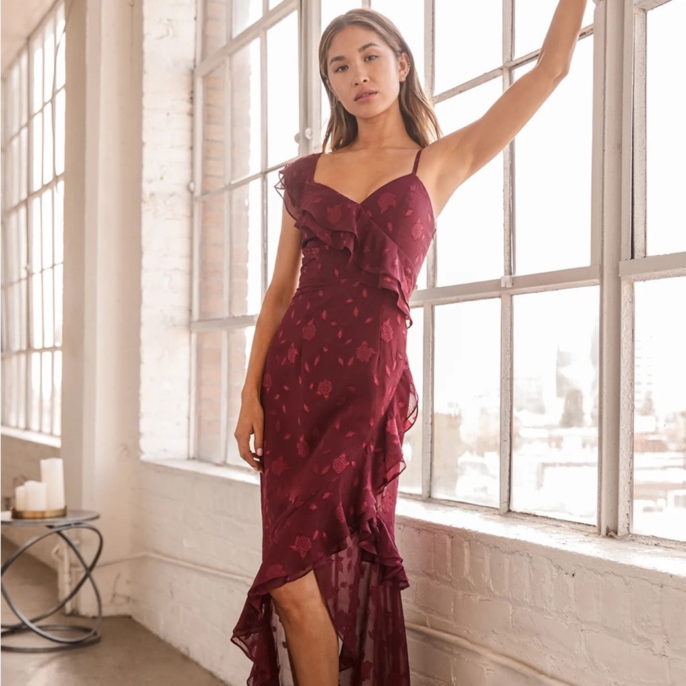 Elegant LuLus Burgundy Ruffle Dress